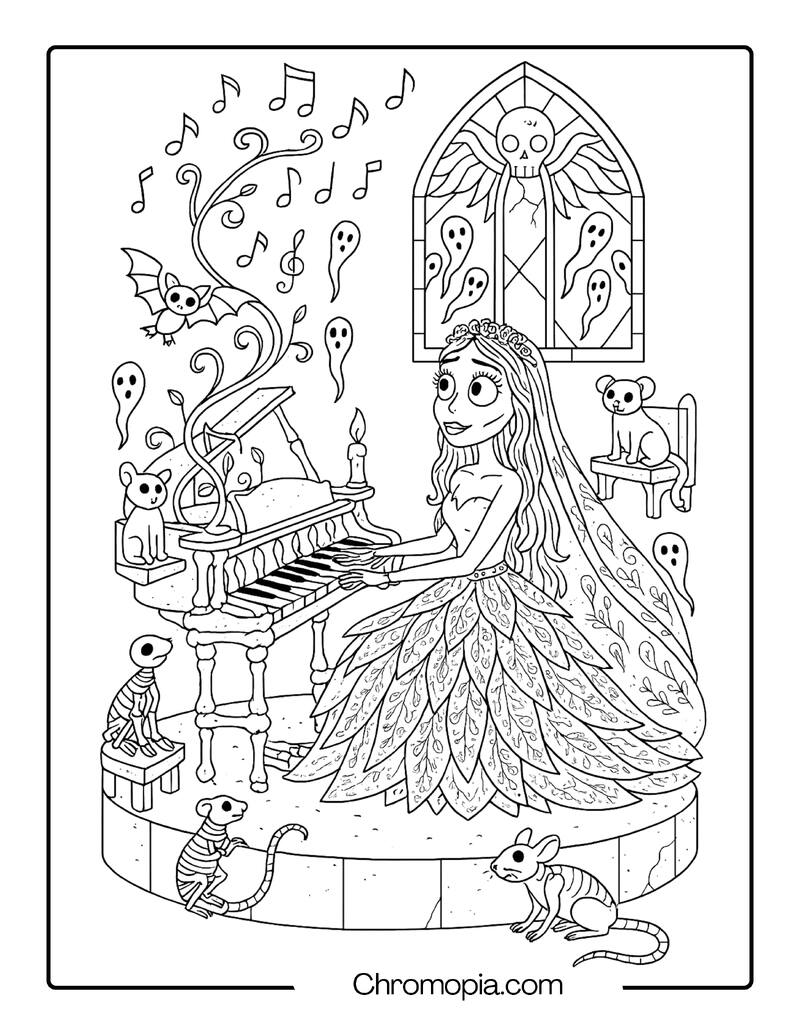 Corpse Bride Playing a Bone Piano in the Land of the Dead – Corpse Bride coloring page