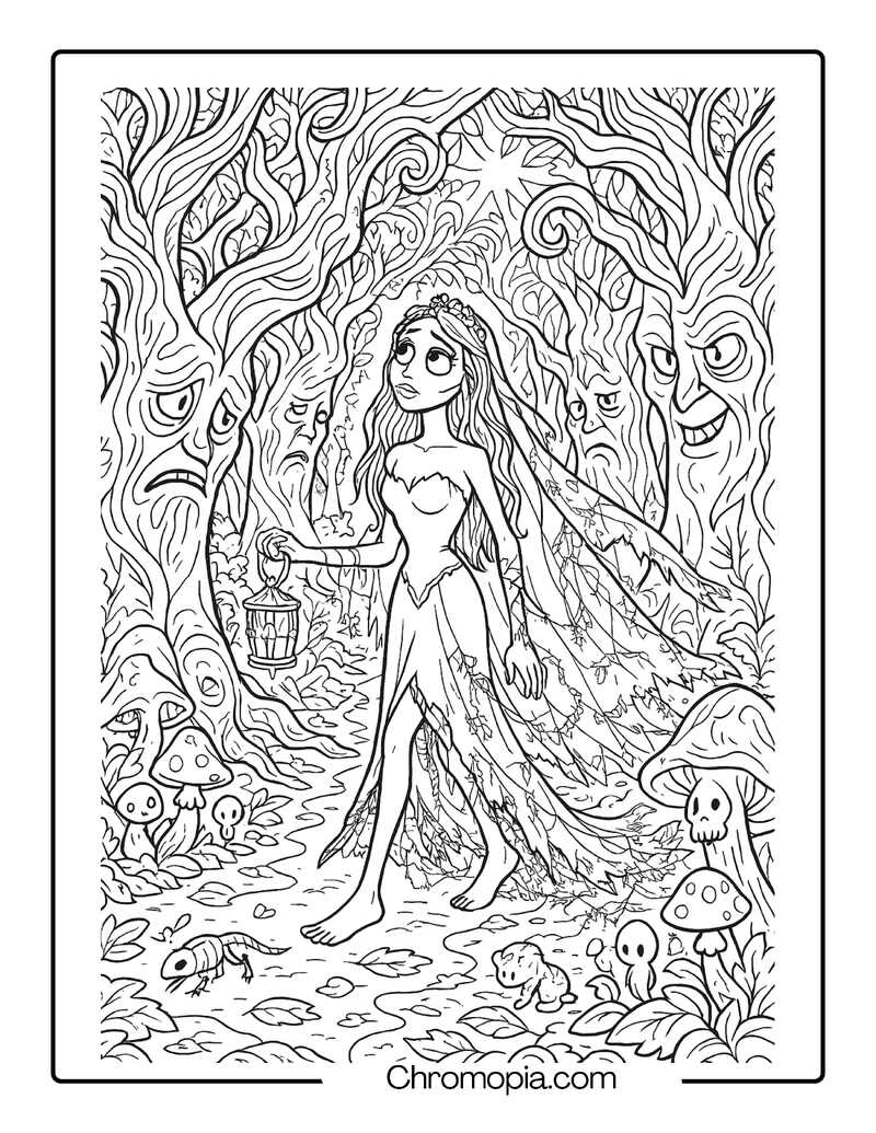 Corpse Bride Walking Through a Forest of Twisted Trees – Corpse Bride coloring page