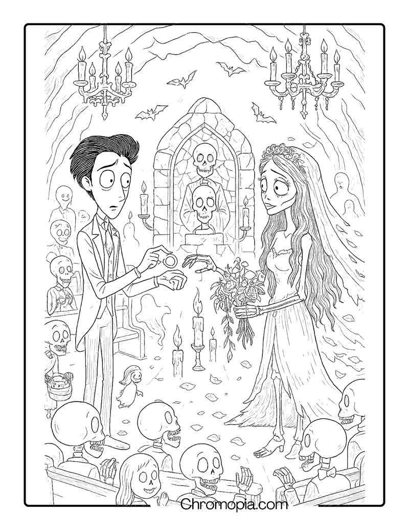 Gothic Wedding Ceremony in the Underworld – Corpse Bride coloring page