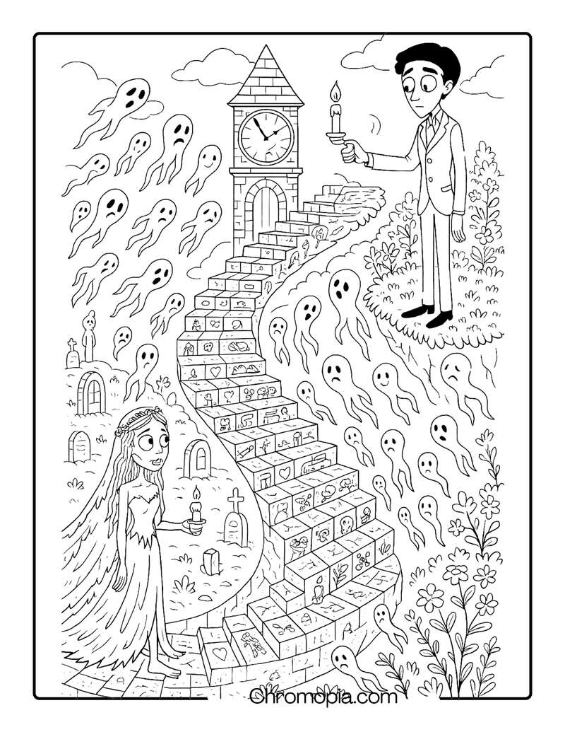 Magical Staircase Between Life and Death – Corpse Bride coloring page