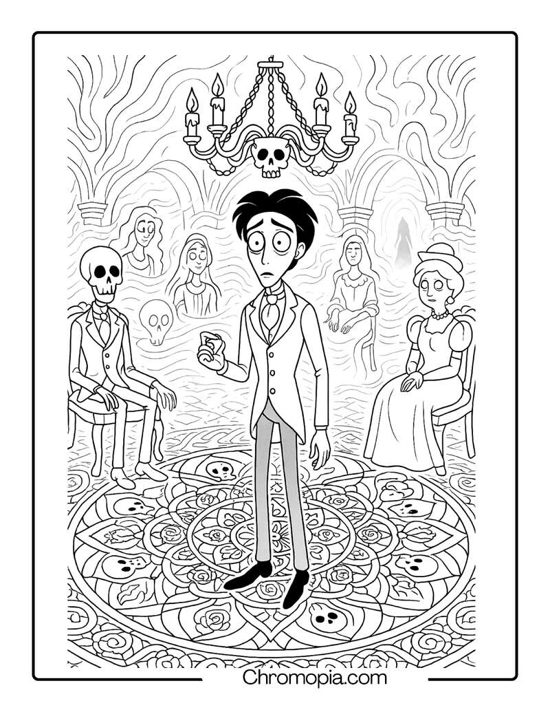 Victor Surrounded by Ghostly Wedding Guests – Corpse Bride coloring page