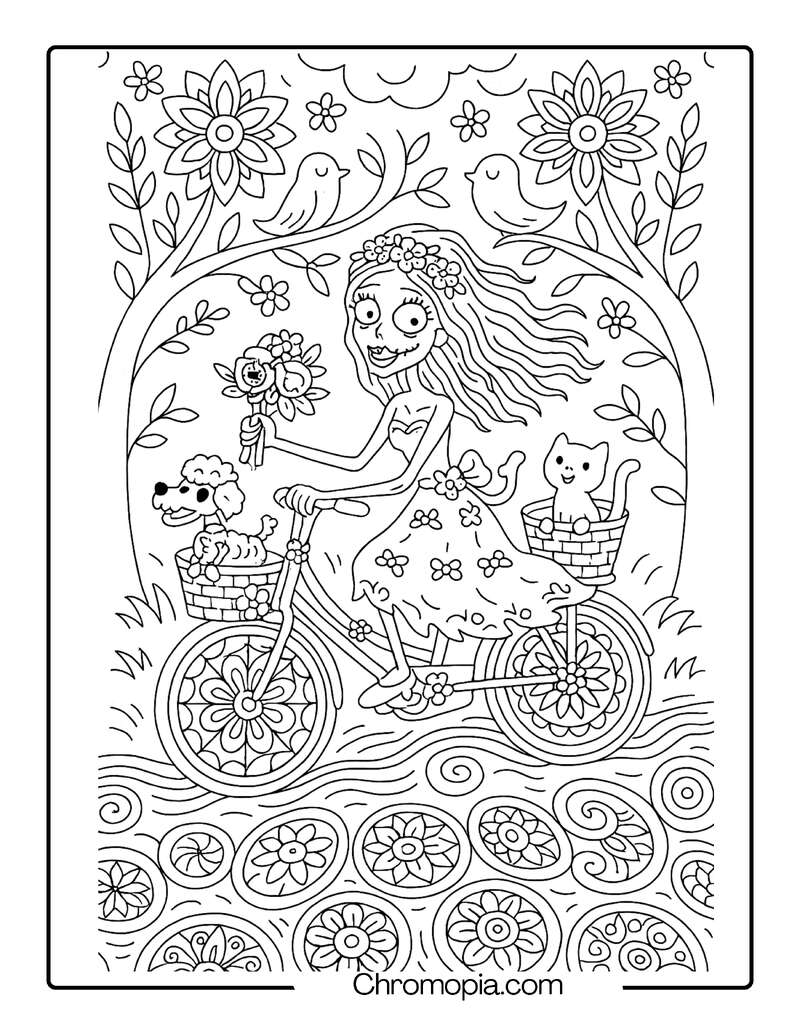 Corpse Bride Cycling on Mandala Trail with Pet Skeleton Animals – Corpse Bride coloring page