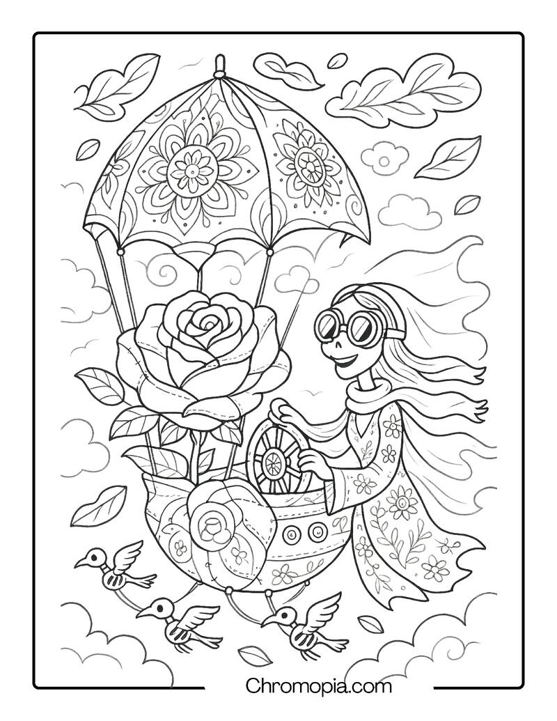 Corpse Bride Driving a Floral Mandala Airship – Corpse Bride coloring page