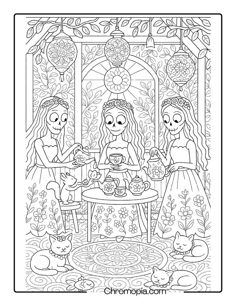 Corpse Bride Herbal Tea Gathering in Garden Pavilion – Corpse Bride coloring page