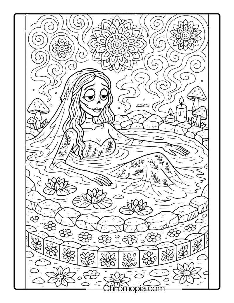 Corpse Bride Soaking in Mandala Floral Hot Spring – Corpse Bride coloring page (1)