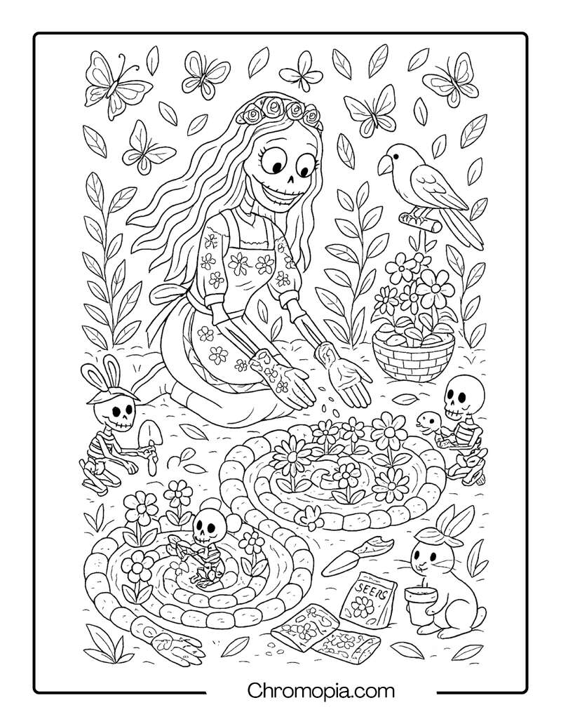 Corpse Bride and Skeleton Friends Gardening in Spiral Flower Beds – Corpse Bride coloring page