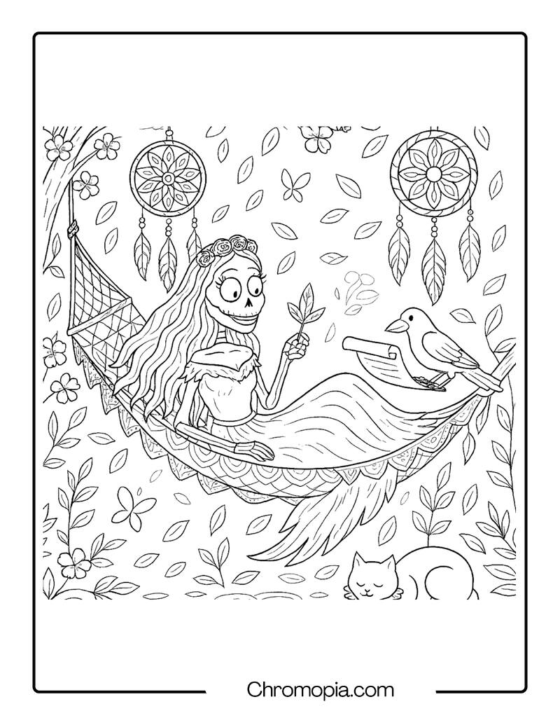 Corpse Bride in Floating Hammock with Dreamcatchers – Corpse Bride coloring page