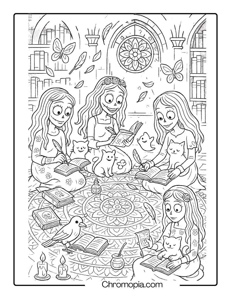 Corpse Brides Journaling on a Mandala Carpet in Gothic Library – Corpse Bride coloring page
