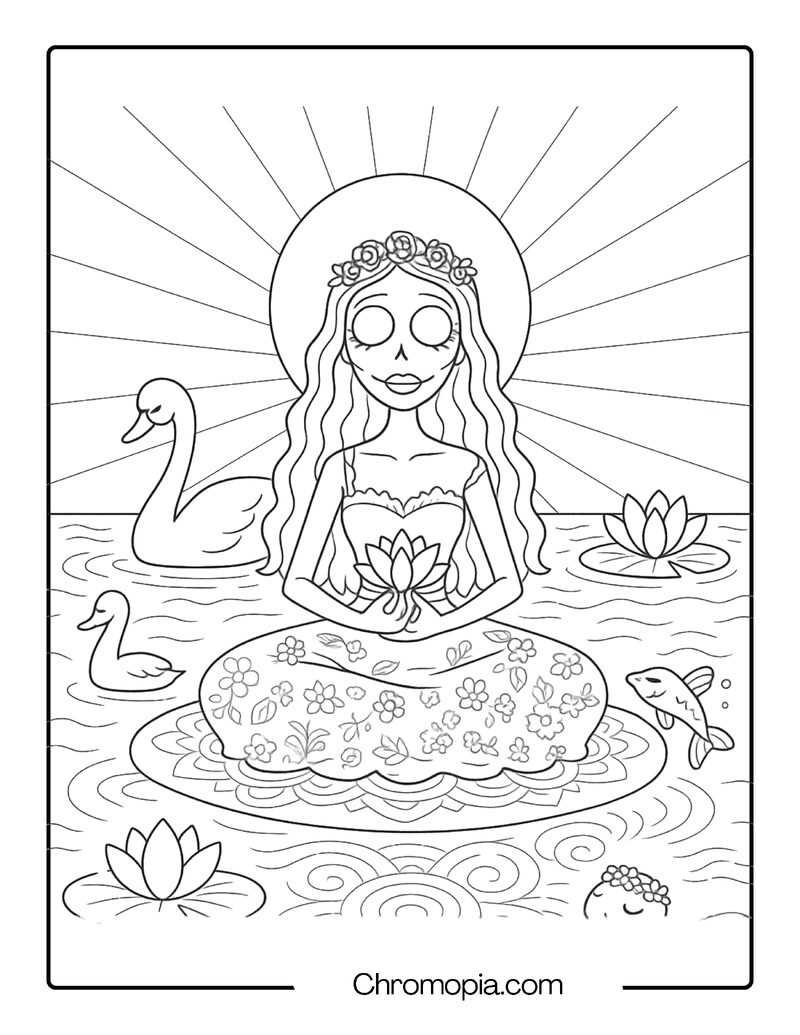 Corpse Brides Meditating on Floating Lilypads – Corpse Bride coloring page