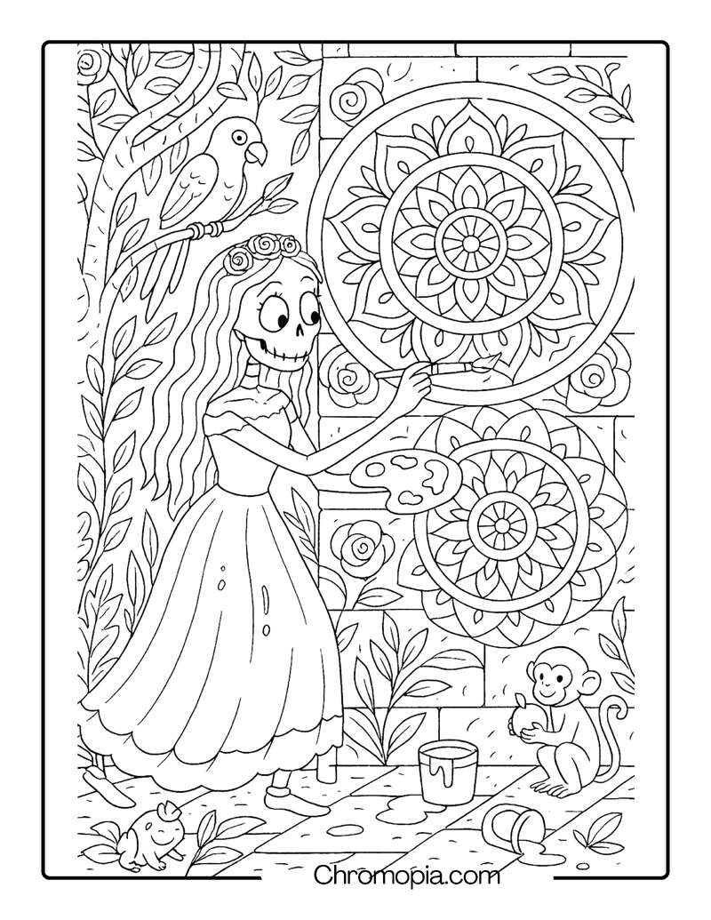 Corpse Brides Painting Mandala Murals on an Ancient Temple – Corpse Bride coloring page