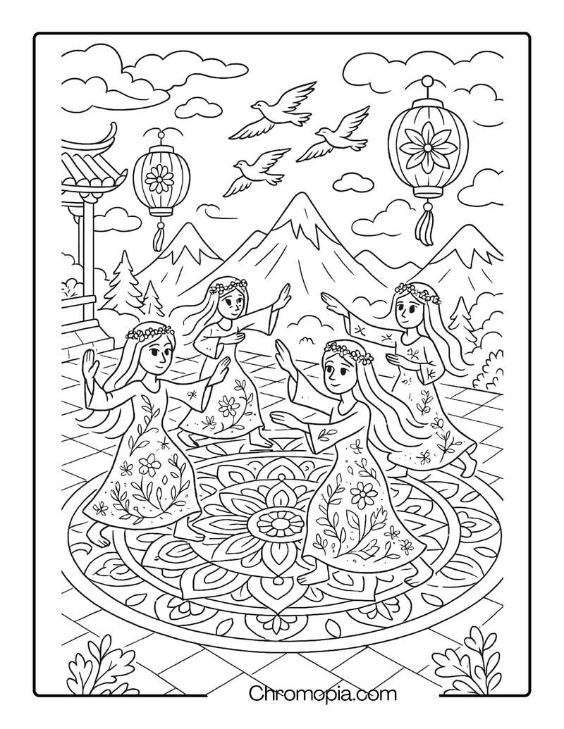 Corpse Brides Practicing Tai Chi in a Mountain Temple Courtyard – Corpse Bride coloring page