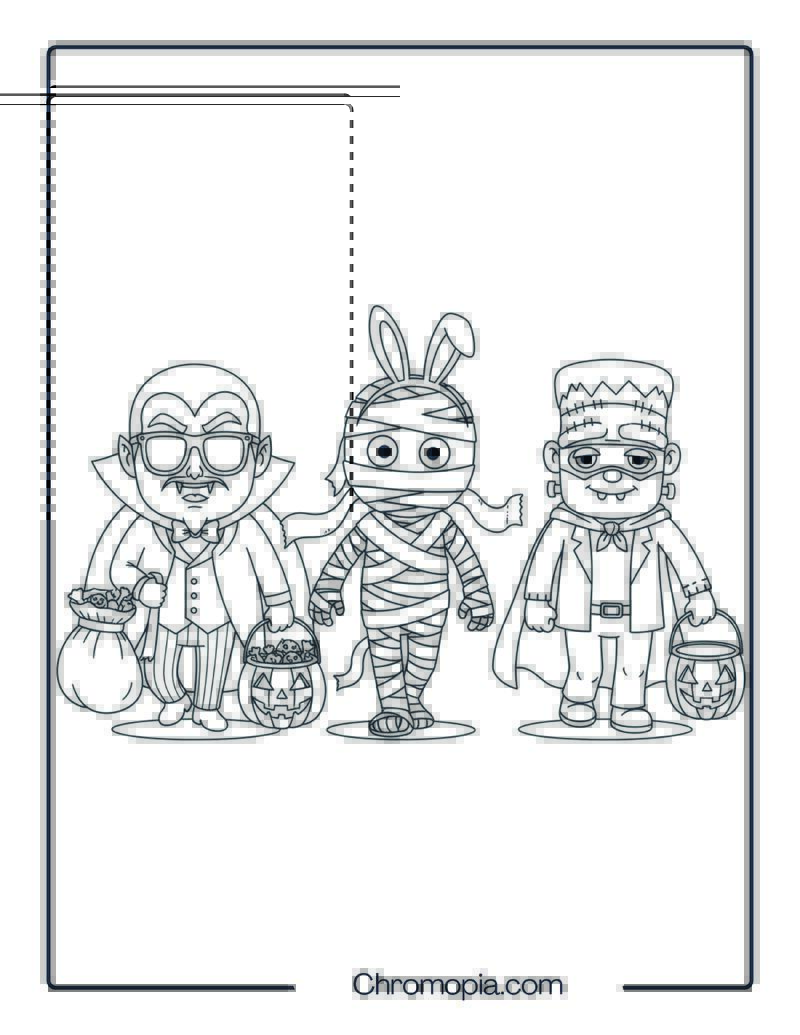 Coloring Page of Dracula Mummy and Frankenstein Trick or Treating