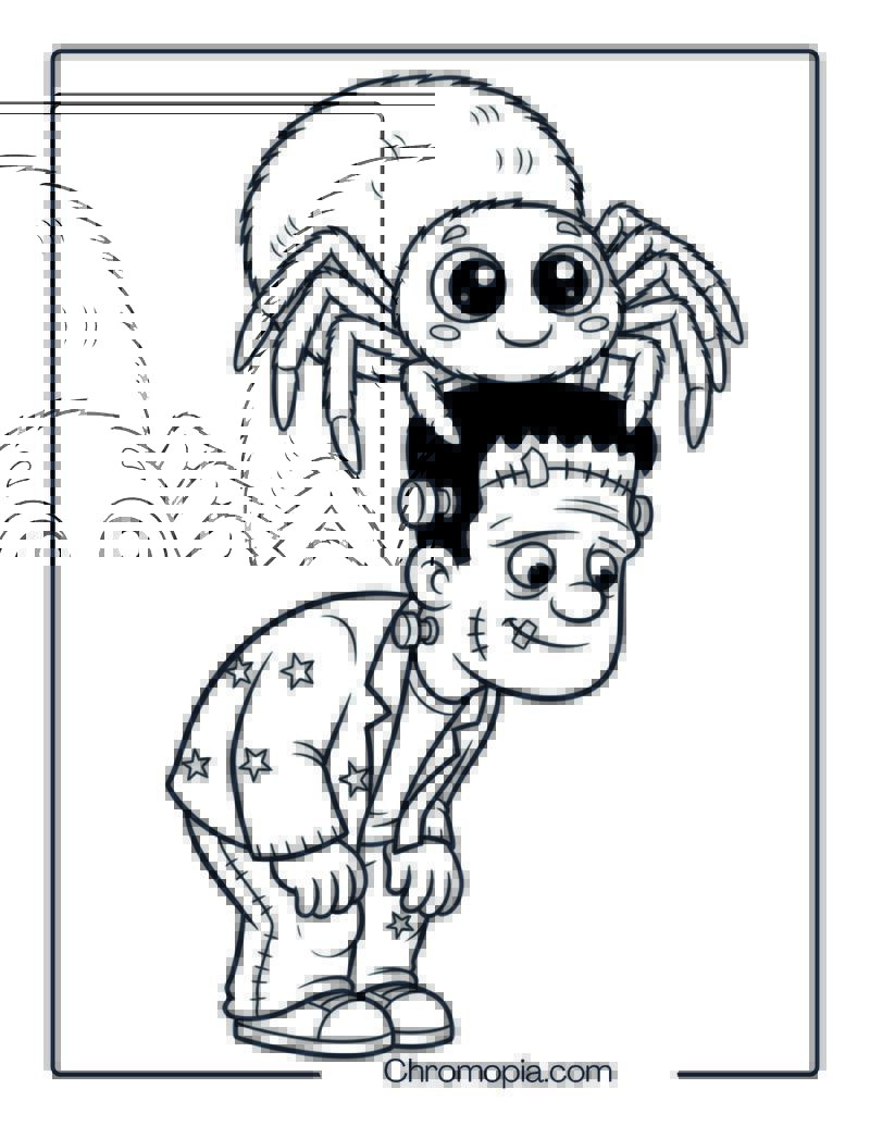 Frankenstein and Spider Coloring Page