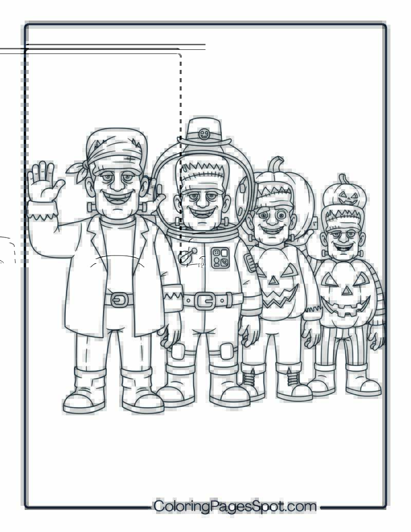 Multiple Costumed Frankenstein Coloring Page
