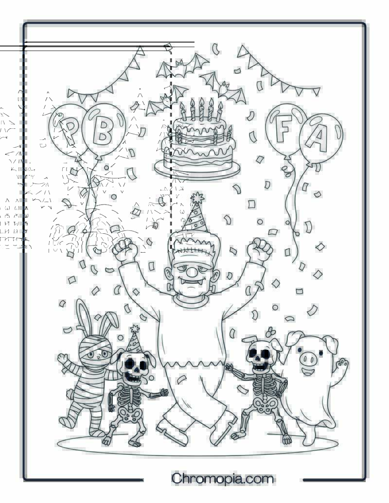Frankenstein Birthday Dancing Coloring Page