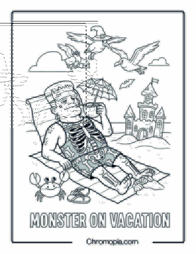 Frankenstein at the Beach Coloring Page