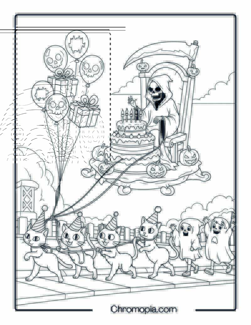 Grim Reaper Birthday Cat Parade Coloring Page