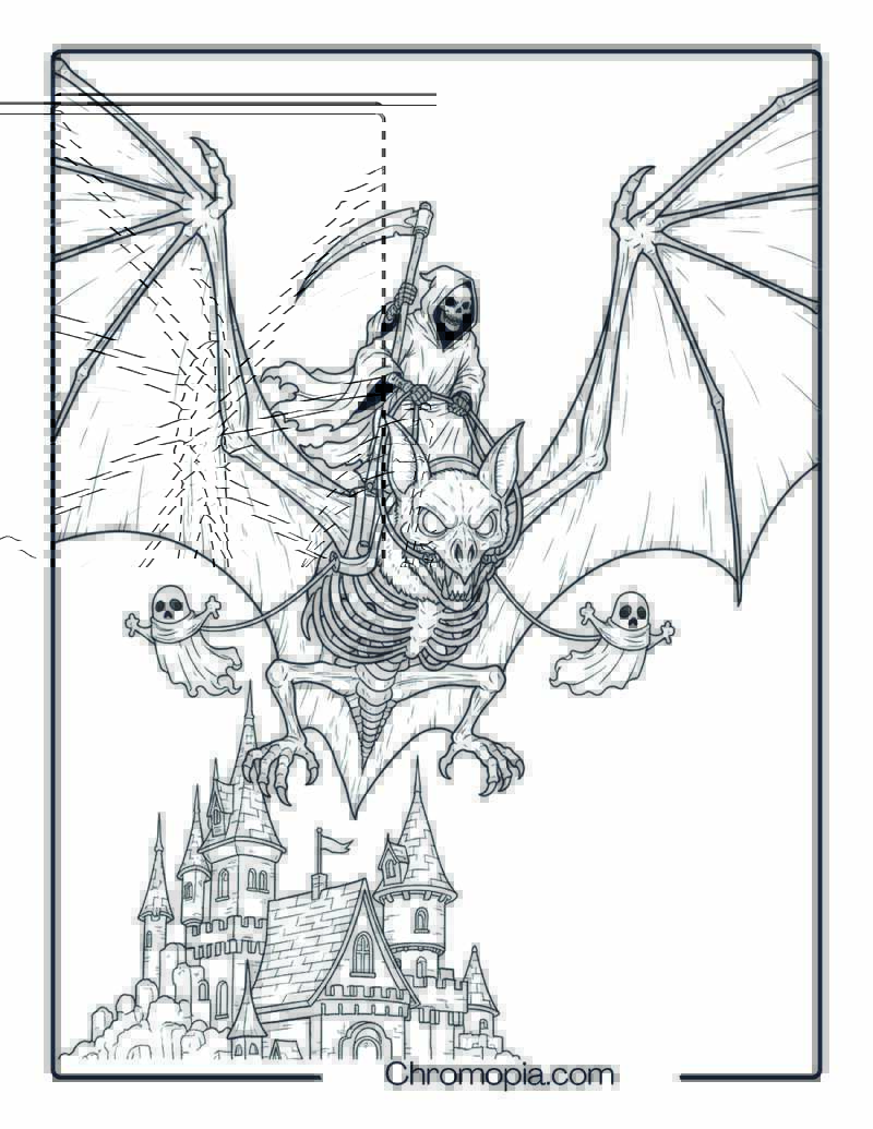 Grim Reaper Flying on Giant Bat Coloring Page