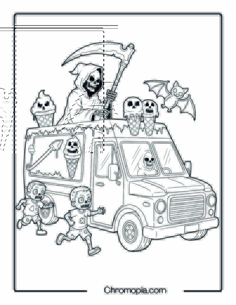 Grim Reaper Gothic Ice Cream Truck Coloring Page