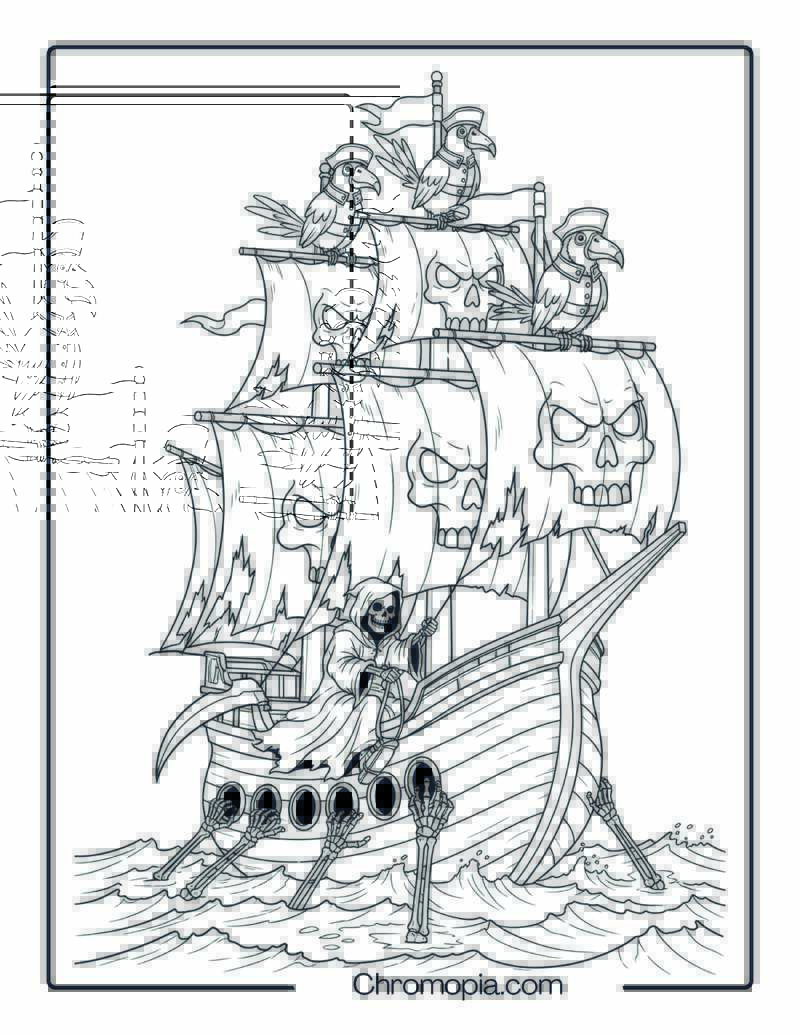 Grim Reaper Rides Ghost Pirate Ship Coloring Page