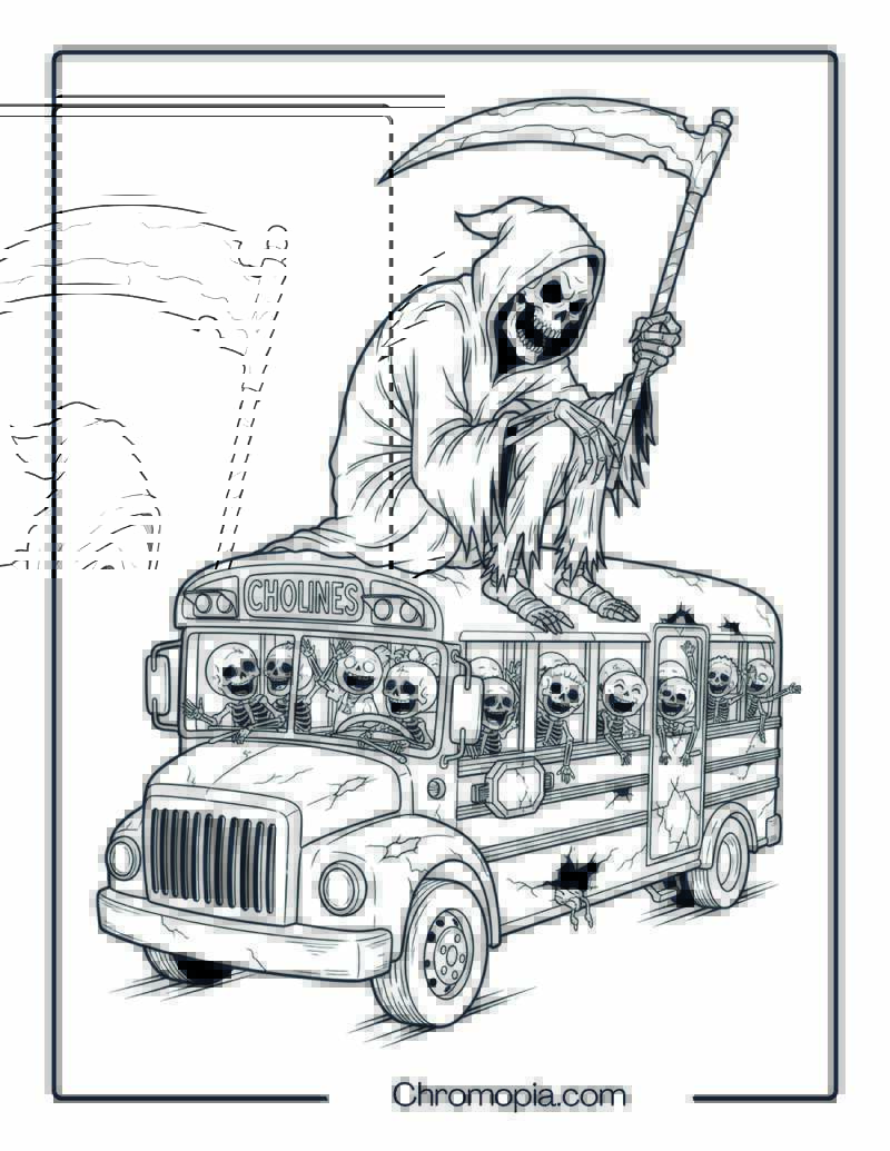 Grim Reaper Rides Haunted School Bus Coloring Page