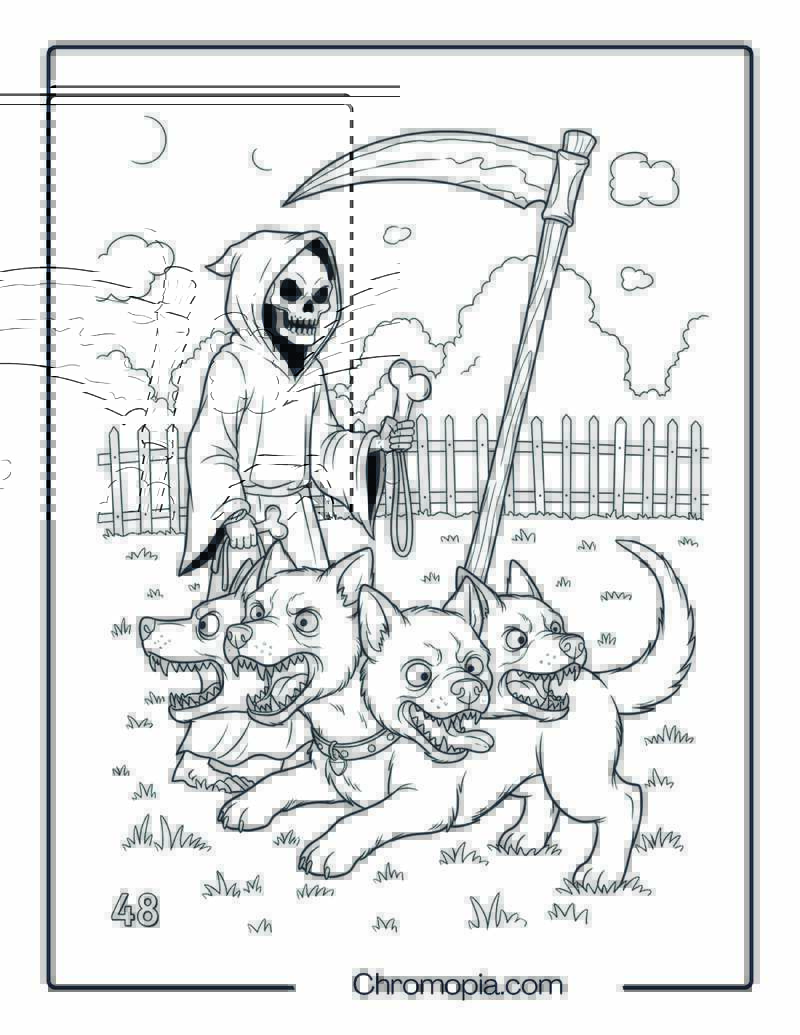 Grim Reaper and Pet Cerberus Coloring Page