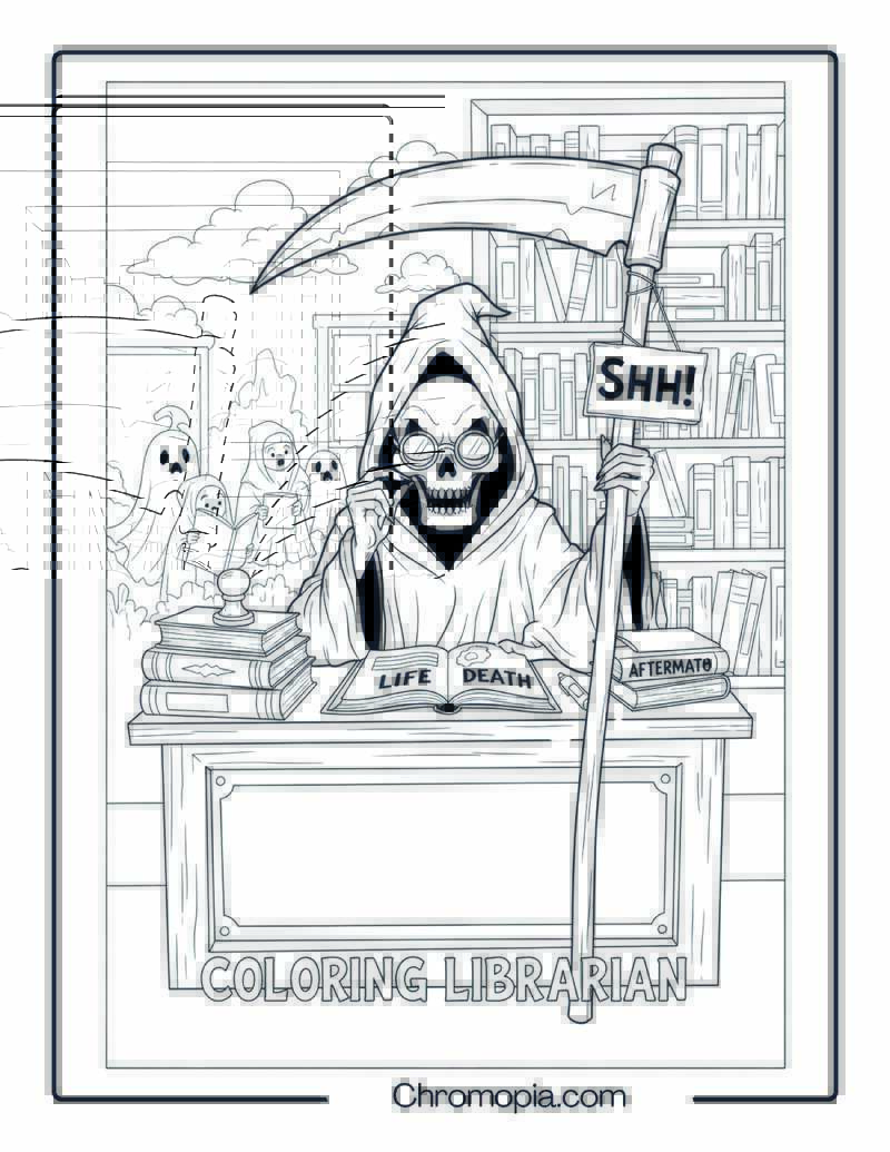 Grim Reaper Librarian Coloring Page
