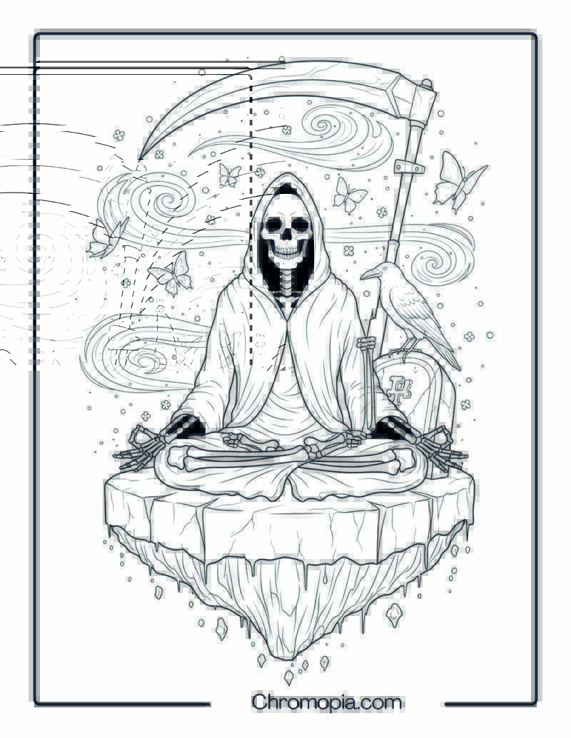 Mindful Grim Reaper Yoga Pose Coloring Page