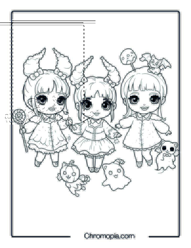 Kawaii Sanderson Sisters with Candy Pets Coloring Page