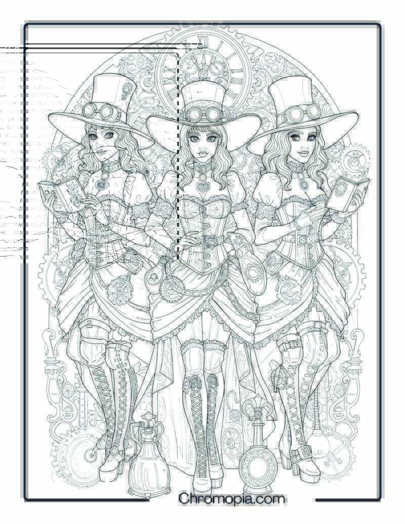 Steampunk Sanderson Sisters with Halloween Gadgets Coloring Page
