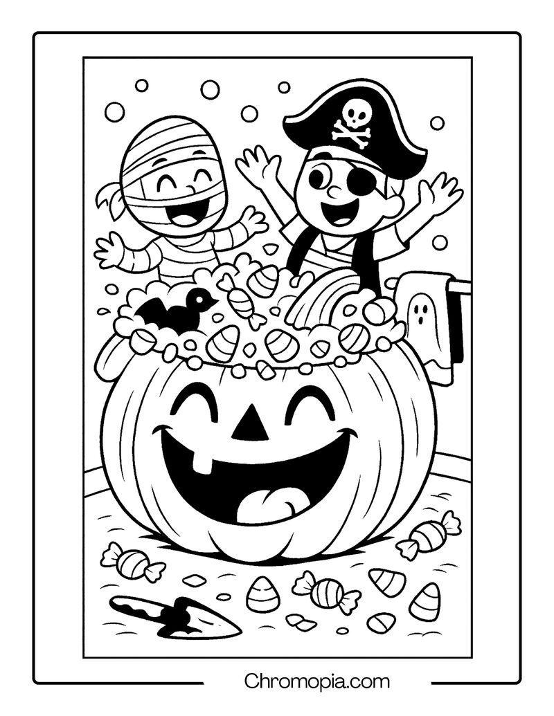 Bathtub Jack-o_-Lantern with Kids Taking a Candy Bath – Jack-o_-Lantern Coloring Page