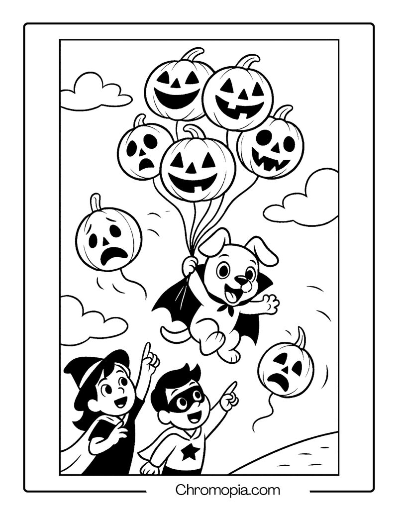 Flying Balloon Jack-o_-Lanterns Lifting a Puppy – Jack-o_-Lantern Coloring Page