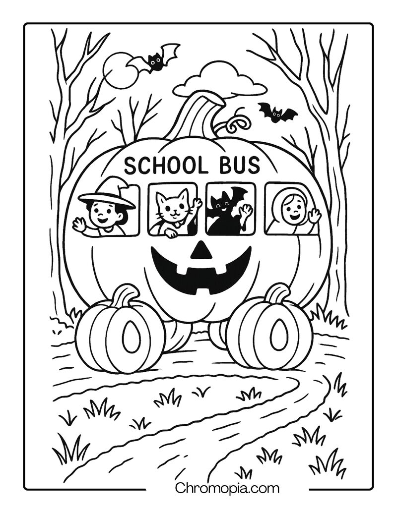 Giant Jack-o_-Lantern School Bus with Pumpkin Wheels – Jack-o_-Lantern Coloring Page
