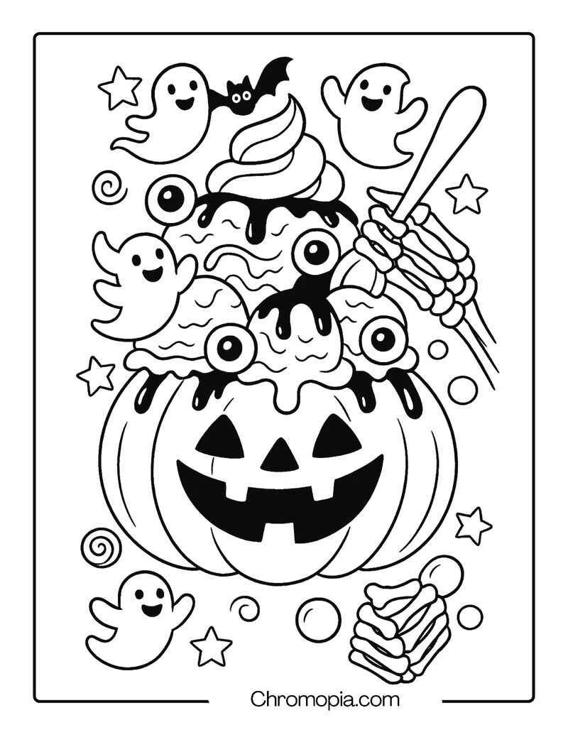 Jack-o_-Lantern Ice Cream Sundae with Ghost Toppings – Jack-o_-Lantern Coloring Page