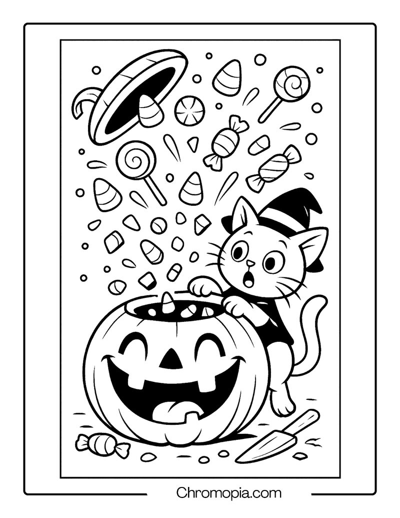 Jack-o_-Lantern with a Giant Goofy Grin and Candy Explosion – Jack-o_-Lantern Coloring Page