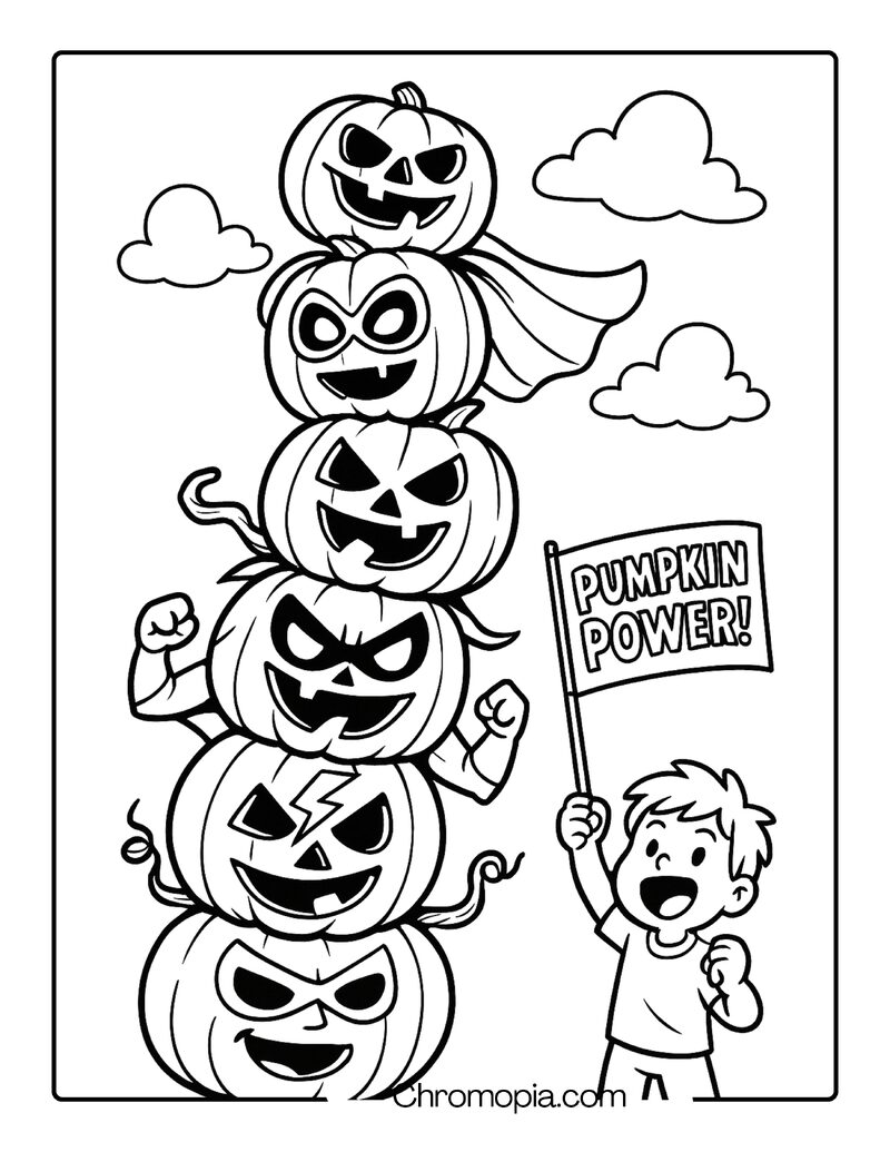 Tower of Jack-o_-Lanterns Dressed as Superheroes – Jack-o_-Lantern Coloring Page
