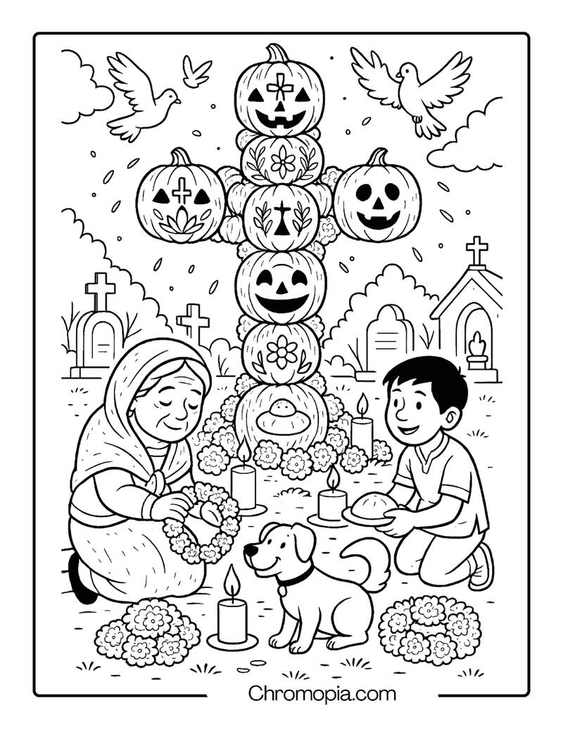 Día de Todos los Santos Cemetery Offering with Jack-o_-Lantern Cross – Jack-o_-Lantern Coloring Page