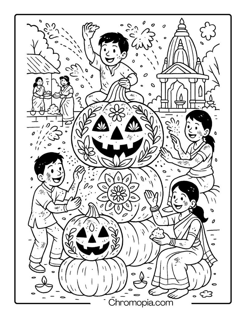 Indian Holi Festival with Painted Jack-o_-Lanterns – Jack-o_-Lantern Coloring Page
