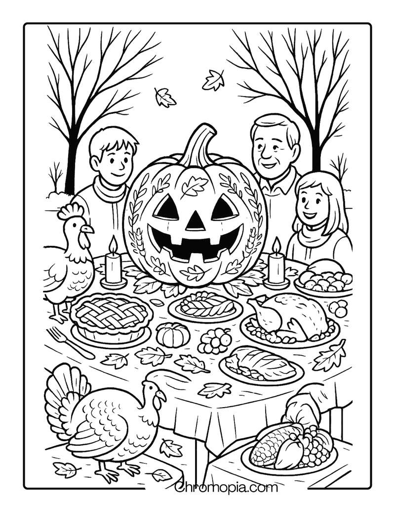 Thanksgiving Harvest Feast with Jack-o_-Lantern Centerpiece – Jack-o_-Lantern Coloring Page