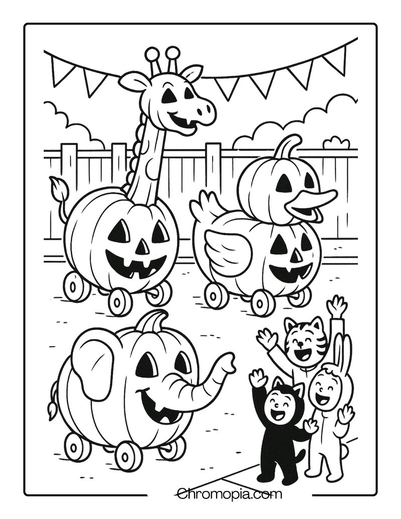 Cartoon Pumpkin Parade with Animal-Shaped Jack-o_-Lanterns – Jack-o_-Lantern Coloring Page