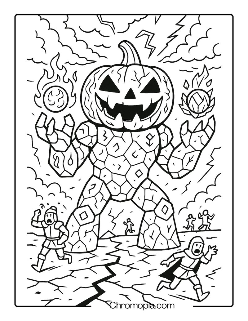Elemental Pumpkin Titan with Lava and Ice Carvings – Jack-o_-Lantern Coloring Page