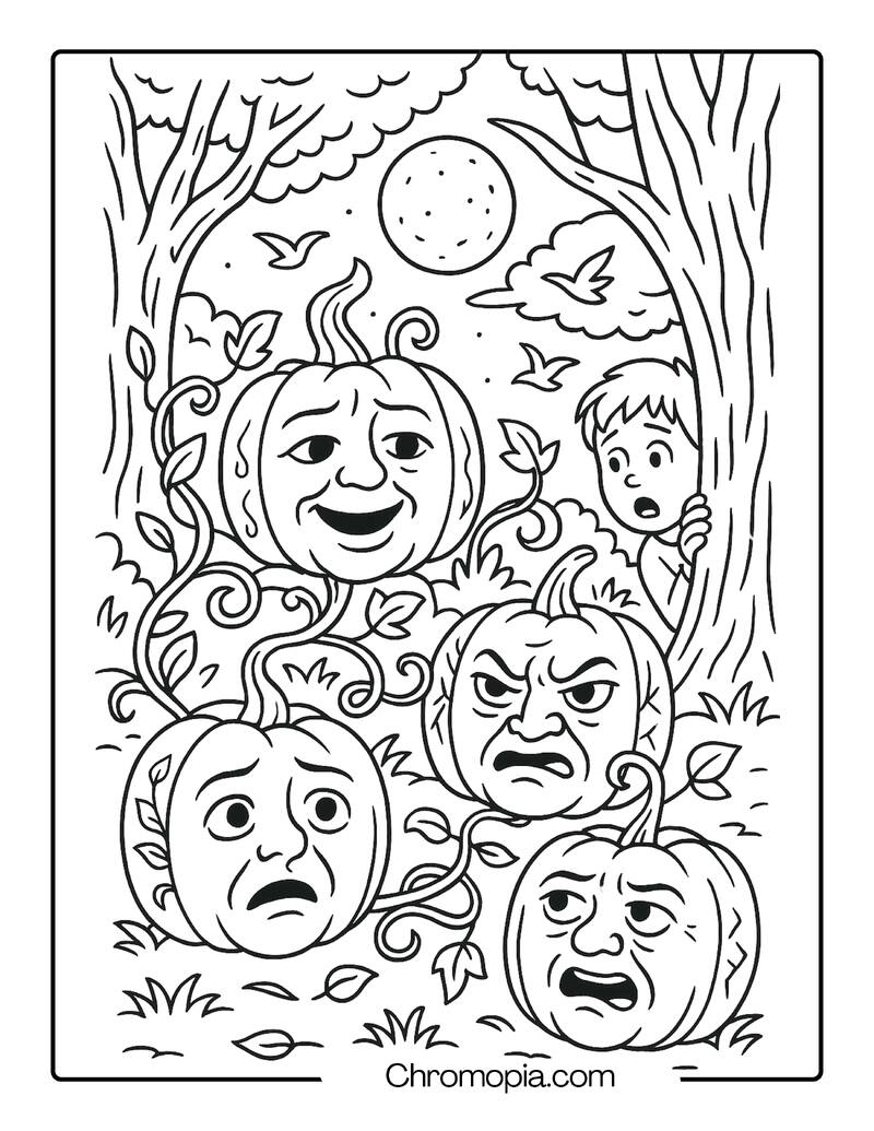 Enchanted Pumpkin Garden with Human-Faced Gourds – Jack-o_-Lantern Coloring Page