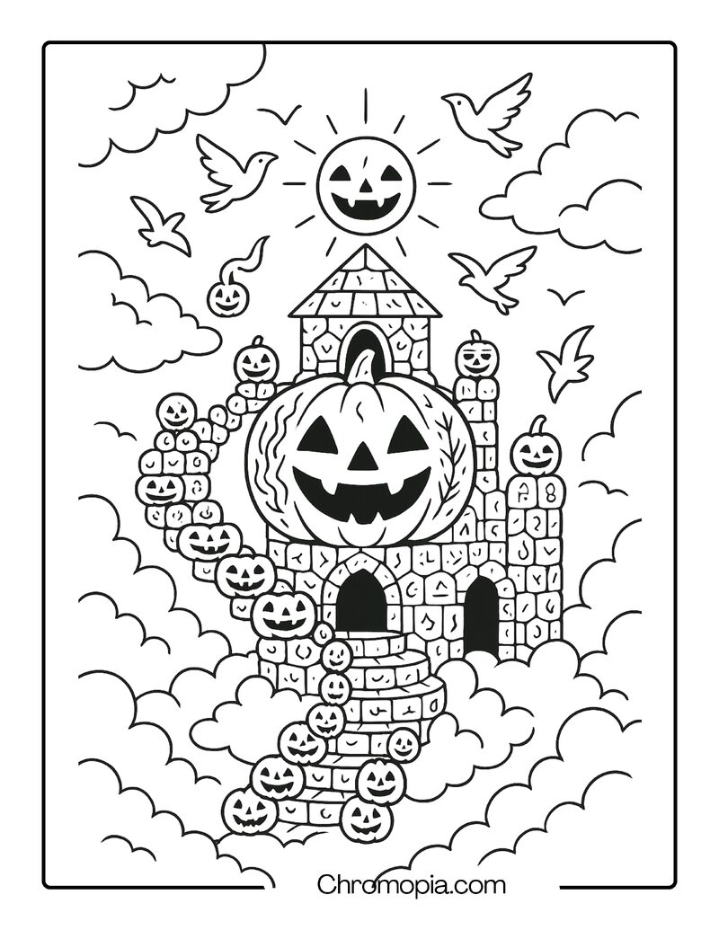 Floating Pumpkin Temple in a Dream Sky – Jack-o_-Lantern Coloring Page