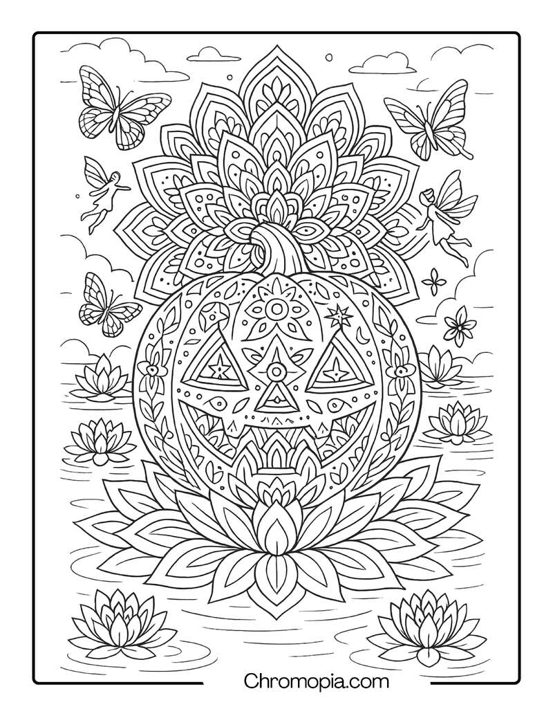 Giant Mandala Jack-o_-Lantern Blossom in a Floating Garden – Jack-o_-Lantern Coloring Page