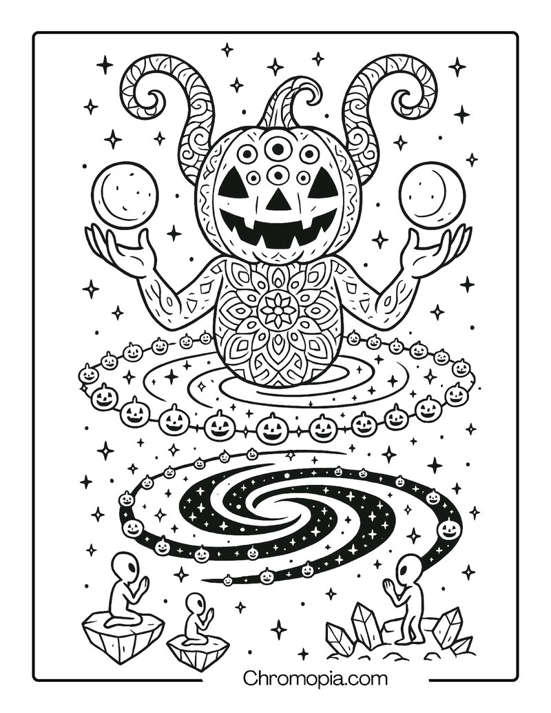 Jack-o_-Lantern Cosmic Deity over a Spiral Galaxy – Jack-o_-Lantern Coloring Page