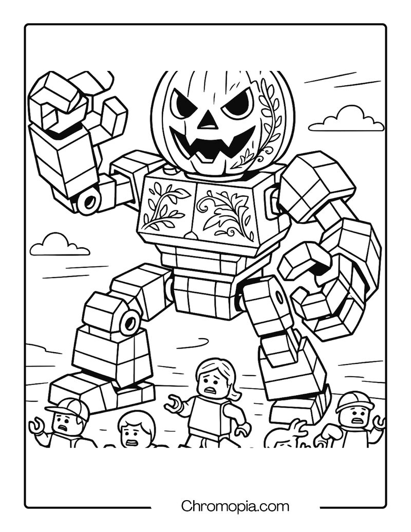 LEGO Brick Jack-o_-Lantern Mech Warrior – Jack-o_-Lantern Coloring Page