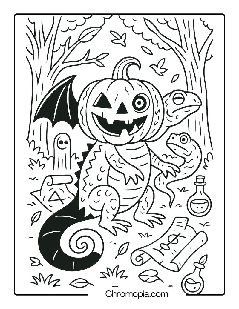 Pumpkin Chameleon Shifting into Multiple Creatures – Jack-o_-Lantern Coloring Page