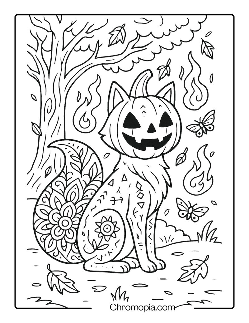 Spirit Fox Jack-o_-Lantern Familiar in an Enchanted Forest – Jack-o_-Lantern Coloring Page