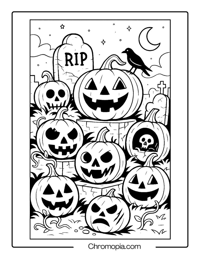 Abandoned Cemetery Covered in Jack-o_-Lanterns – Jack-o_-Lantern Coloring Page
