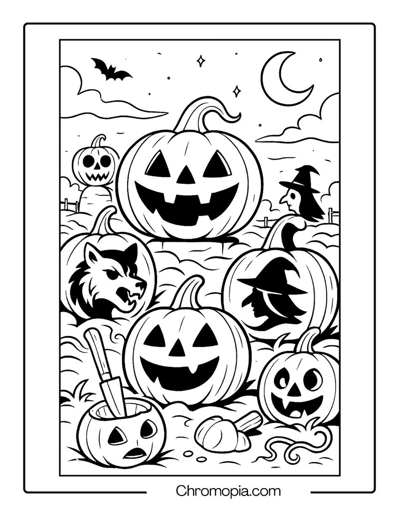 Foggy Pumpkin Patch at Midnight – Jack-o_-Lantern Coloring Page